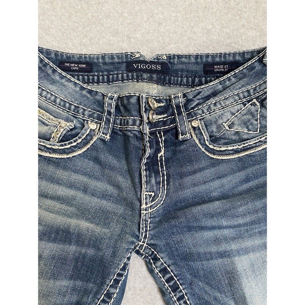 Vigoss Jeans Capri Bling Women's 27 Denim Blue New York Capri Y2K Pants Gems - Picture 8 of 16